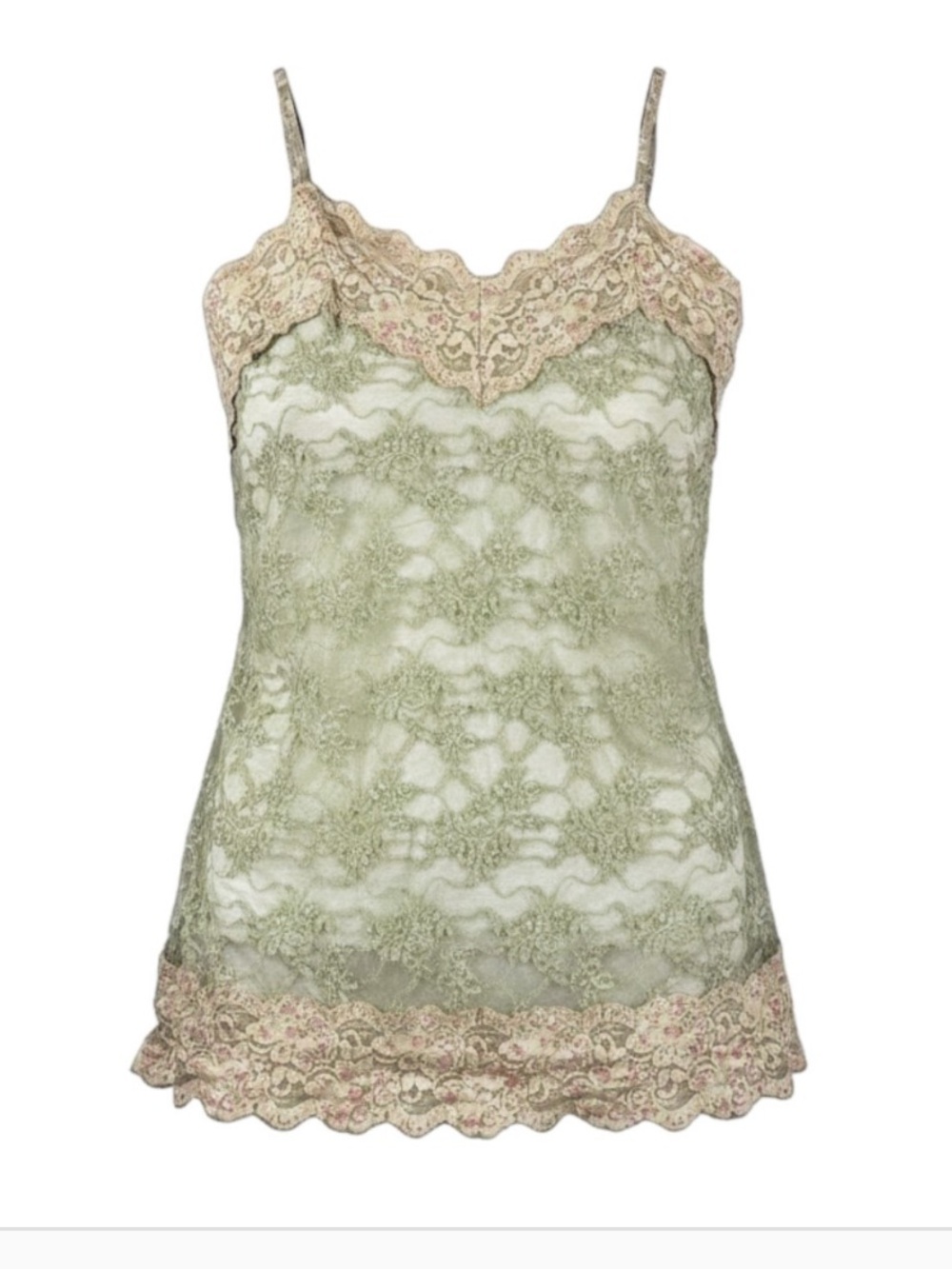 VTG Y2K Green Floral Lace Camisole Tank Top Women M Beaded Fairy Grunge Cami 90s
